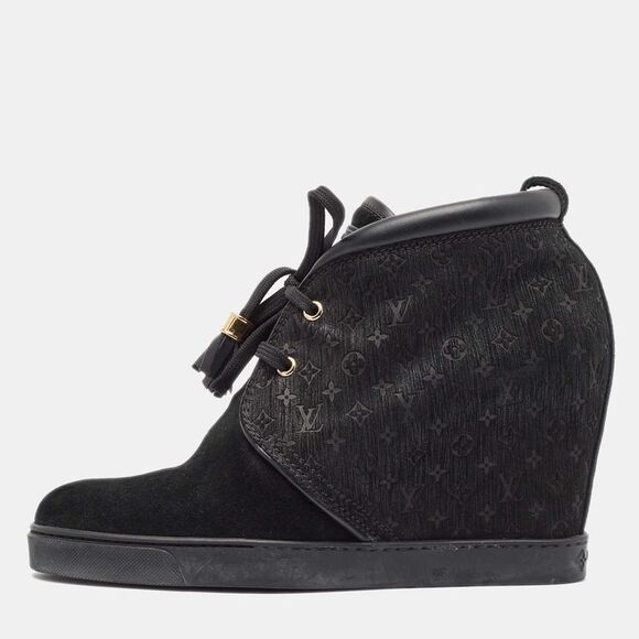 Louis Vuitton Black Monogram Suede and Leather Wedge Sneakers Size 39.5 - Picture 1 of 4